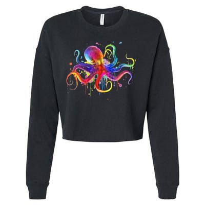 Dripping Rainbow Octopus Psychedelic Colorful Octopus Cropped Pullover Crew