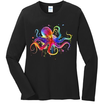 Dripping Rainbow Octopus Psychedelic Colorful Octopus Ladies Long Sleeve Shirt
