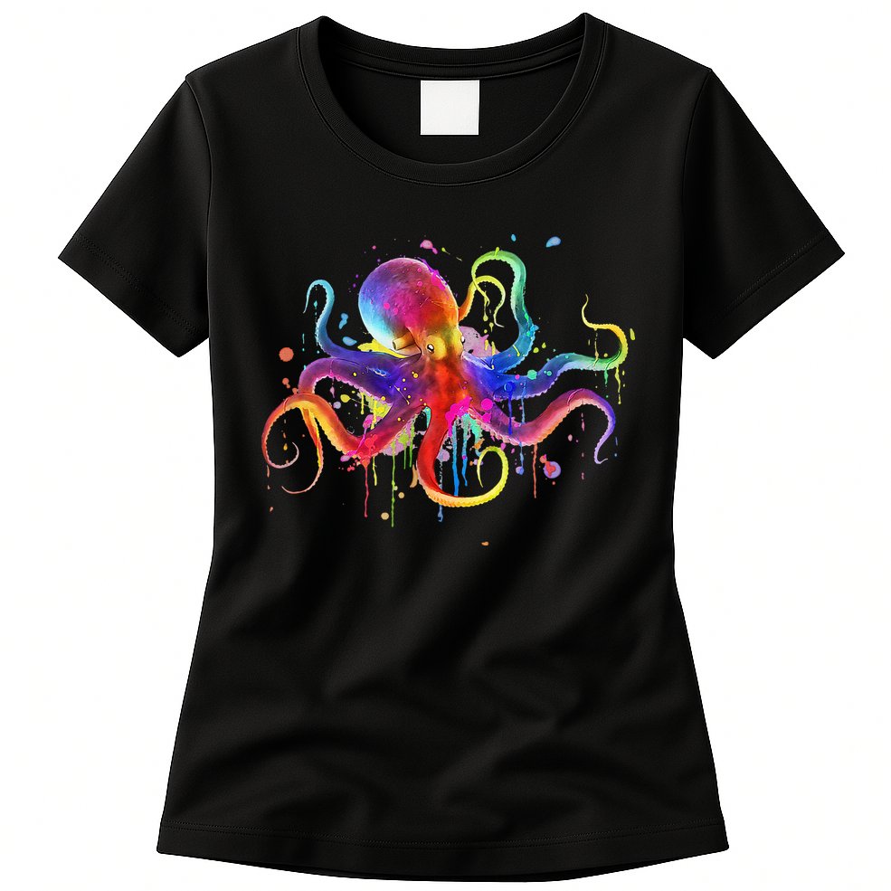 Dripping Rainbow Octopus Psychedelic Colorful Octopus Womens T-Shirt