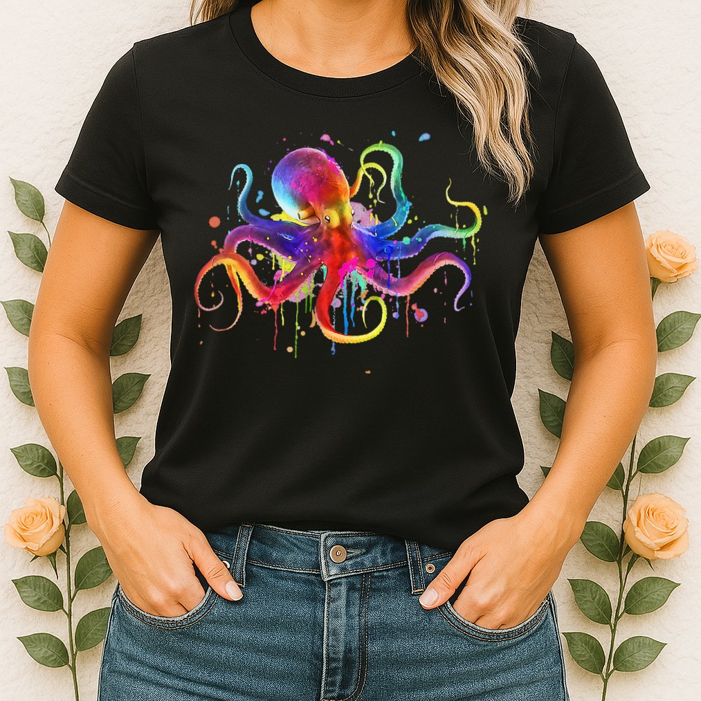 Dripping Rainbow Octopus Psychedelic Colorful Octopus Womens T-Shirt