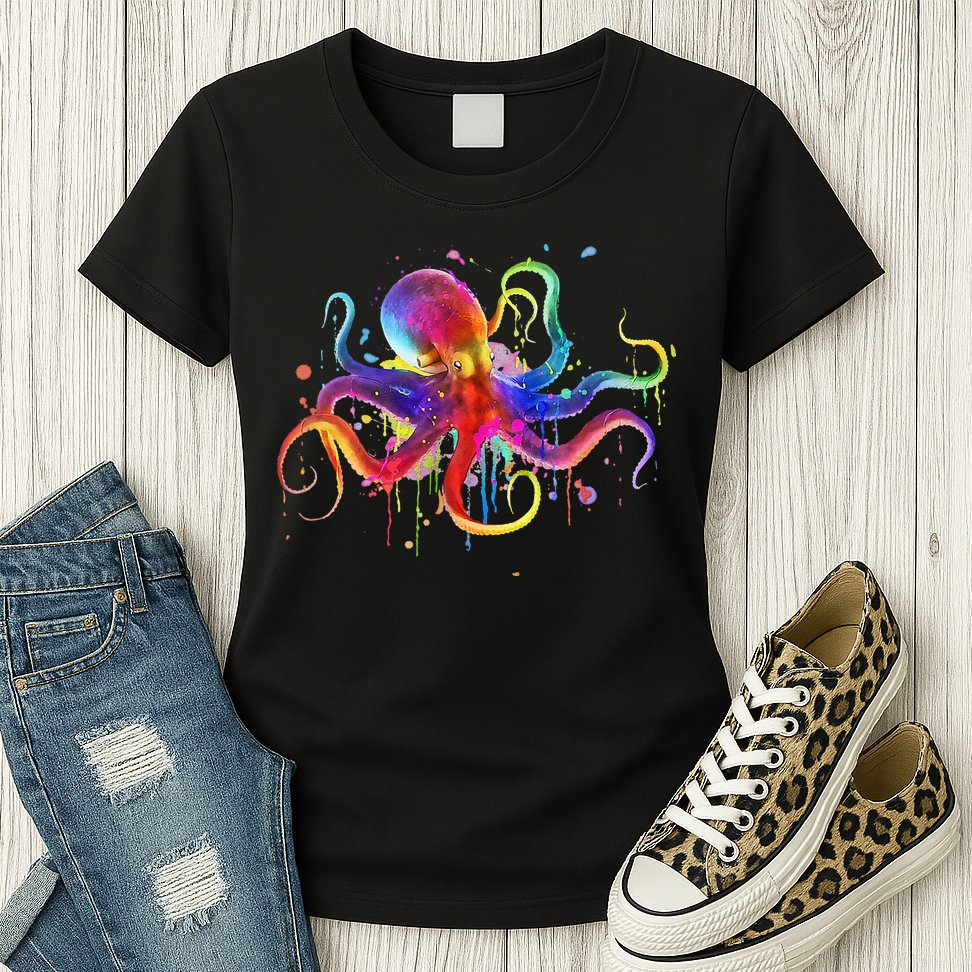 Dripping Rainbow Octopus Psychedelic Colorful Octopus Womens T-Shirt