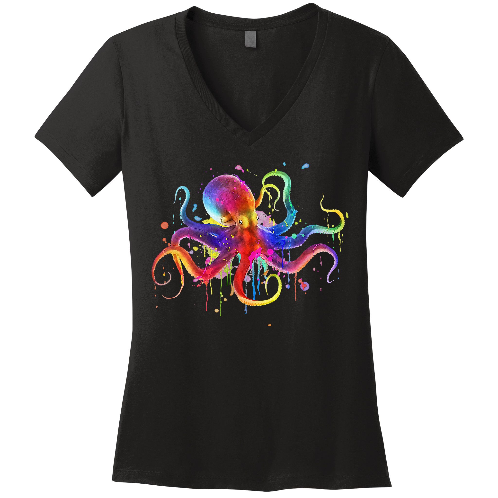 Dripping Rainbow Octopus Psychedelic Colorful Octopus Women's V-Neck T-Shirt