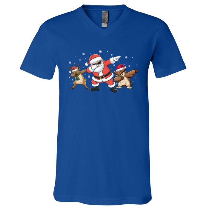 Dabbing Reindeer Owl Santa Funny Christmas Pajamas Gift V-Neck T-Shirt