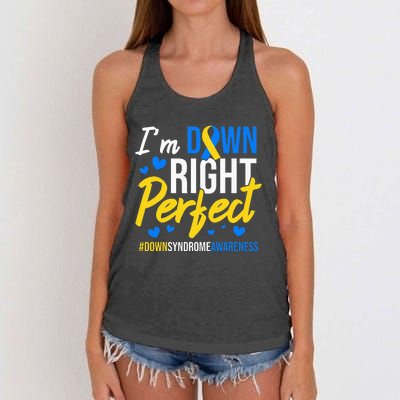 Down Right Perfect World Down Syndrome Awareness Day Ribbon Women's Knotted Racerback Tank