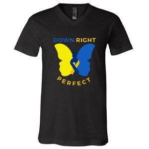 Down Right Perfect Butterfly Down Syndrome Awareness Gift V-Neck T-Shirt