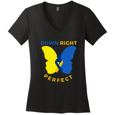 Down Right Perfect Butterfly Down Syndrome Awareness Gift Women's V-Neck T-Shirt