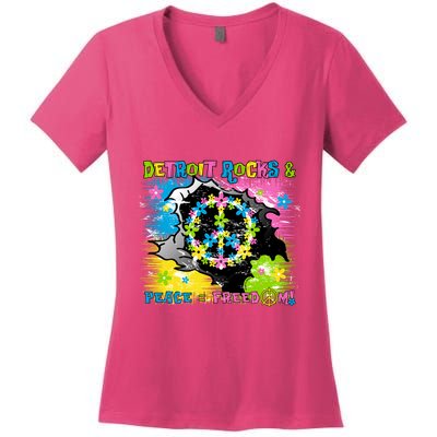 Detroit Rocks Peace Freedom Women's V-Neck T-Shirt