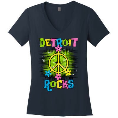Detroit Rocks Peace Women's V-Neck T-Shirt