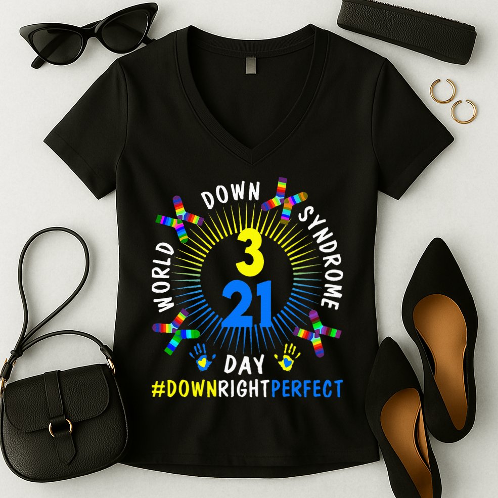 Down Right Perfect World Down Syndrome Awareness Day Socks Women's V-Neck T-Shirt