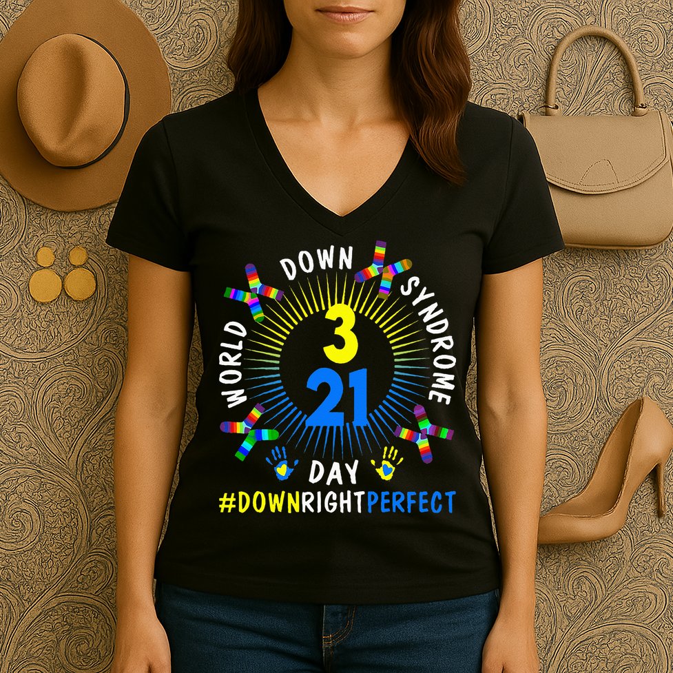 Down Right Perfect World Down Syndrome Awareness Day Socks Women's V-Neck T-Shirt