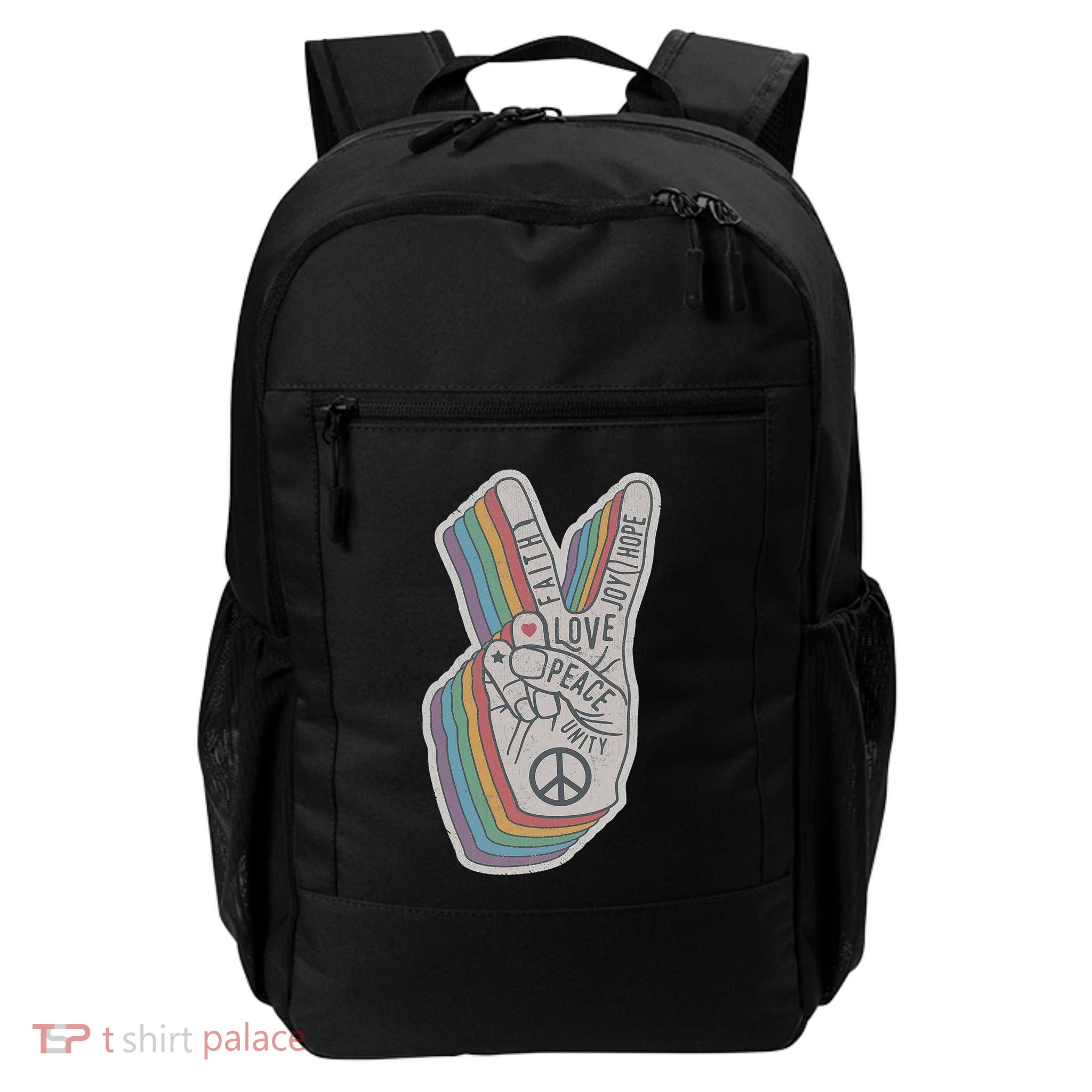 Distressed Rainbow Retro Peace Hand Sign 60s 70s Hippie Daily Commute Backpack