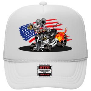 Digirods Rat Rod Racer American Flaming Hot Rod Cartoon Car High Crown Mesh Back Trucker Hat