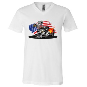 Digirods Rat Rod Racer American Flaming Hot Rod Cartoon Car V-Neck T-Shirt