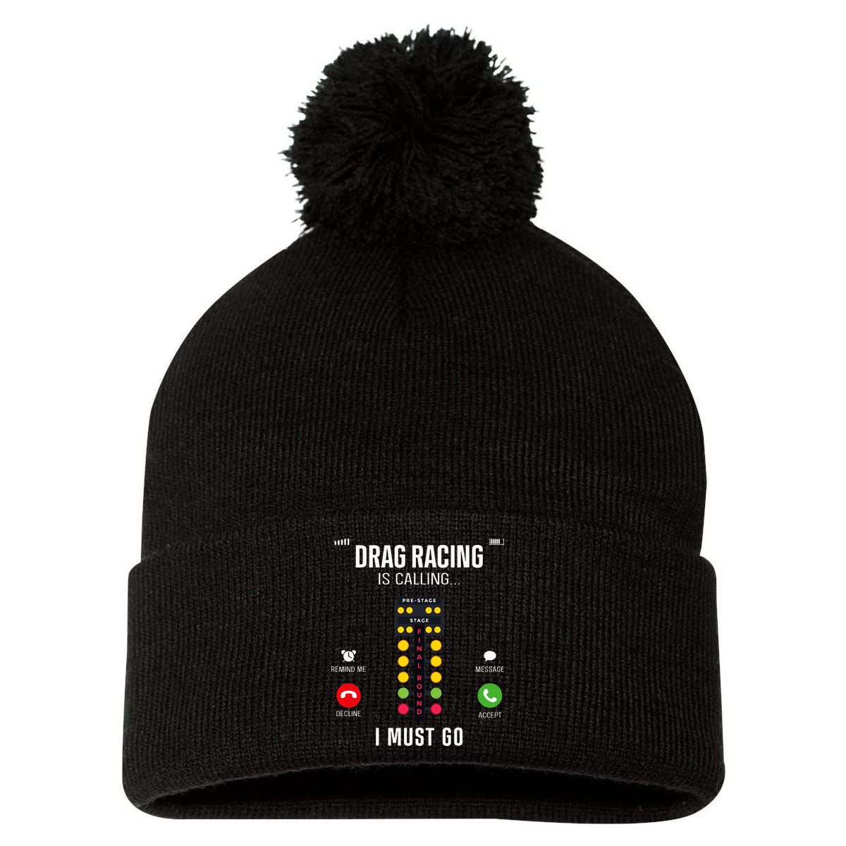 Drag Racing Race Car Phone Display Drag Racing Is Calling Pom Pom 12in Knit Beanie
