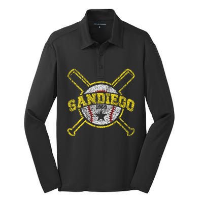 Distressed Retro San Diego Baseball SD Vintage Silk Touch Performance Long Sleeve Polo