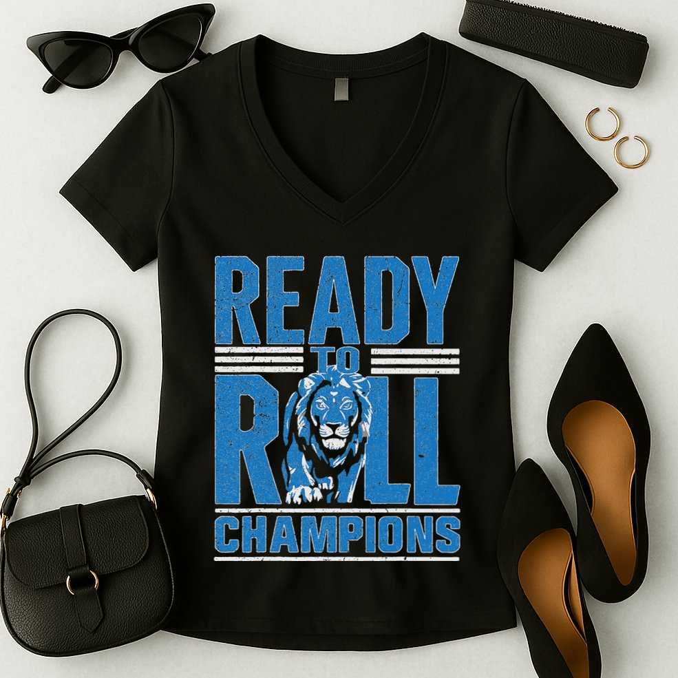 Detroit Ready To Roll Funny Lion Graphic Women's V-Neck T-Shirt