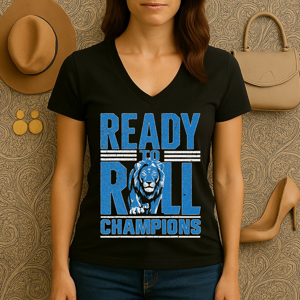 Detroit Ready To Roll Funny Lion Graphic Women's V-Neck T-Shirt