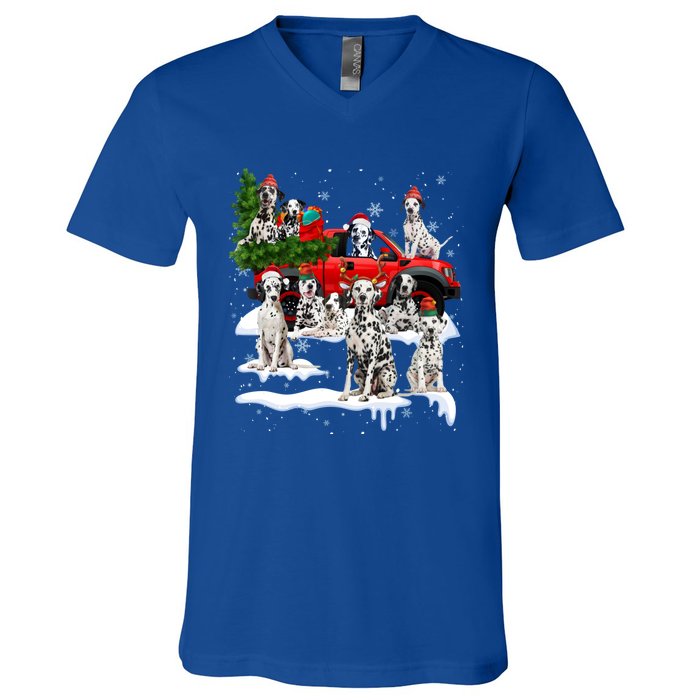 Dalmatian Red Truck Christmas Tree Santa Ugly Xmas Cute Gift V-Neck T-Shirt