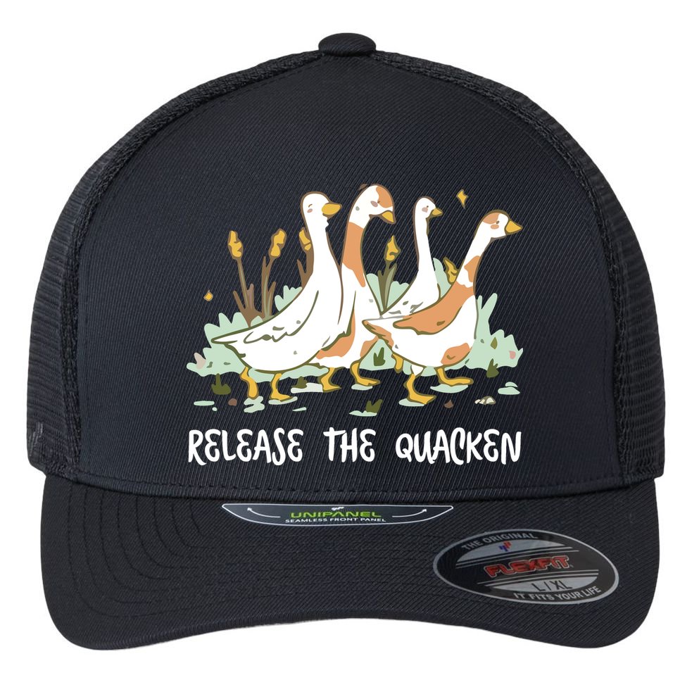 Ducks Release The Quacken Cute Duck Flexfit Unipanel Trucker Cap