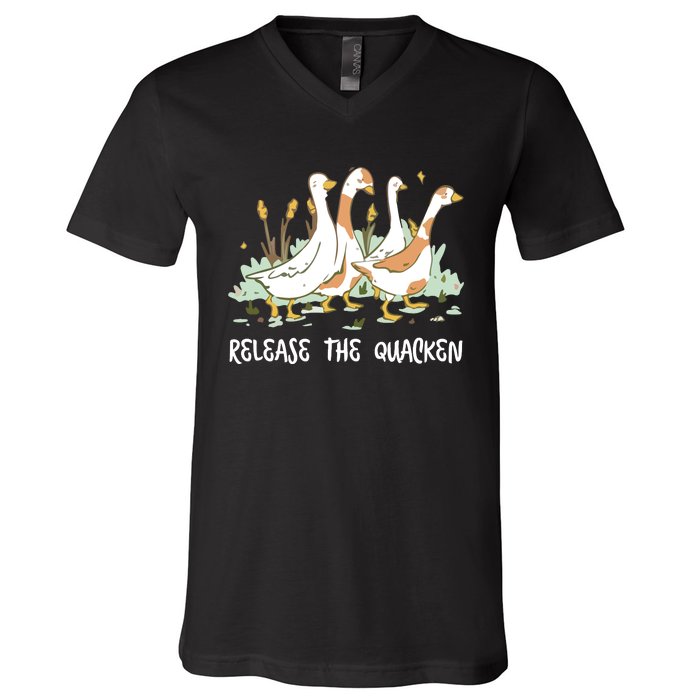 Ducks Release The Quacken Cute Duck V-Neck T-Shirt