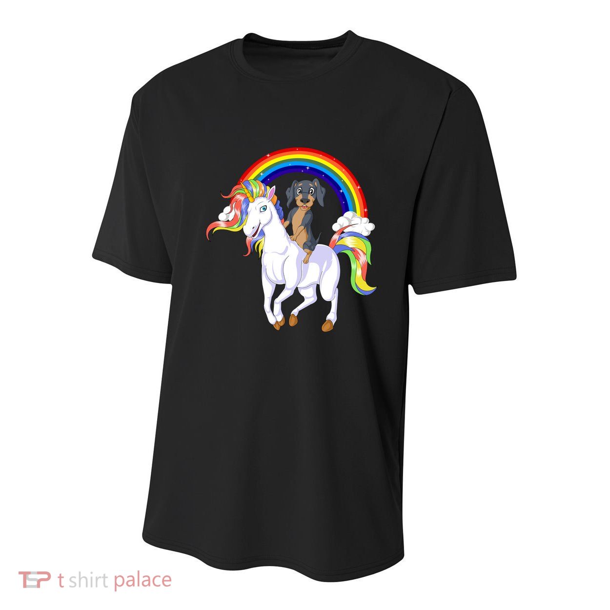 Dachshund Riding Unicorn Youth Performance Sprint T-Shirt
