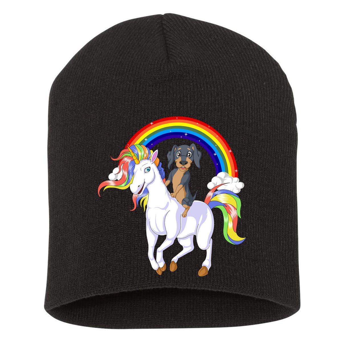 Dachshund Riding Unicorn Short Acrylic Beanie
