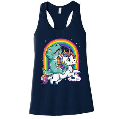 Dinosaur Riding Unicorn Funny T rex Boy Rainbow Galaxy Women's Racerback Tank