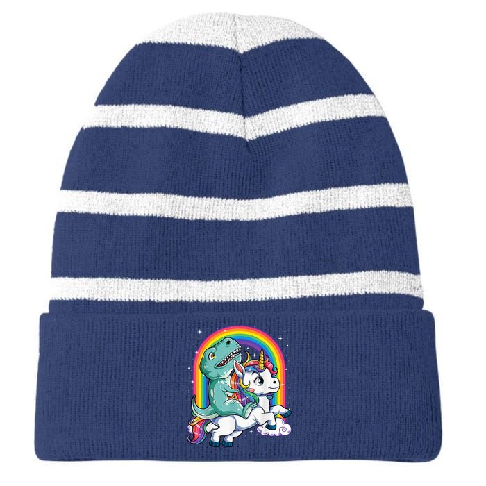 Dinosaur Riding Unicorn Funny T rex Boy Rainbow Galaxy Striped Beanie with Solid Band