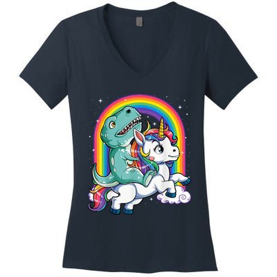 Dinosaur Riding Unicorn Funny T rex Boy Rainbow Galaxy Women's V-Neck T-Shirt