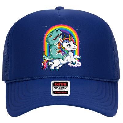 Dinosaur Riding Unicorn Funny T rex Boy Rainbow Galaxy High Crown Mesh Back Trucker Hat