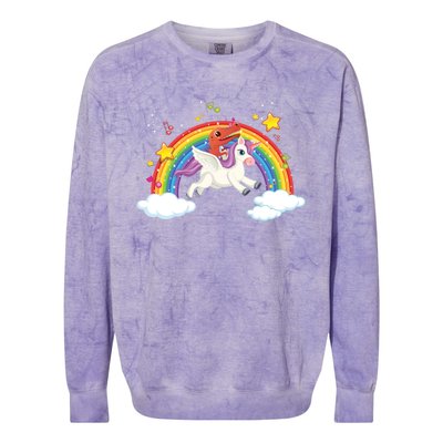 Dinosaur Riding Unicorn Funny Unicorns Rainbow Lover Graphic Cute Gift Colorblast Crewneck Sweatshirt