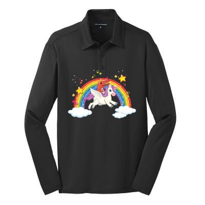 Dinosaur Riding Unicorn Funny Unicorns Rainbow Lover Graphic Cute Gift Silk Touch Performance Long Sleeve Polo