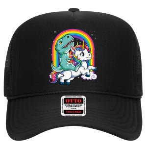 Dinosaur Riding Unicorn Rainbow Gifts T Rex High Crown Mesh Back Trucker Hat