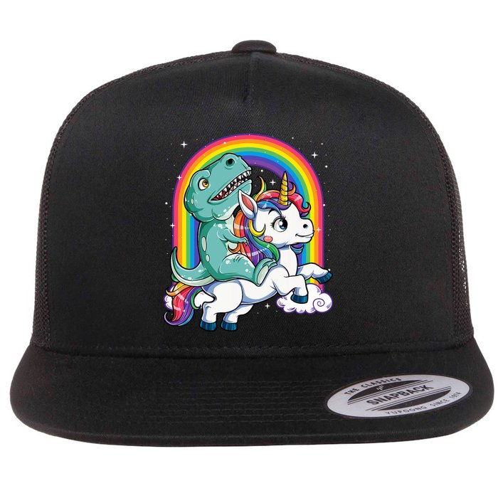 Dinosaur Riding Unicorn Rainbow Gifts T Rex Flat Bill Trucker Hat