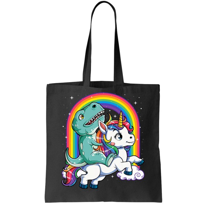 Dinosaur Riding Unicorn Rainbow Gifts T Rex Tote Bag