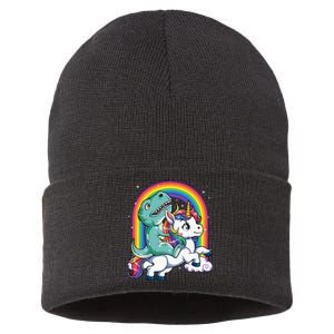 Dinosaur Riding Unicorn Rainbow Gifts T Rex Sustainable Knit Beanie