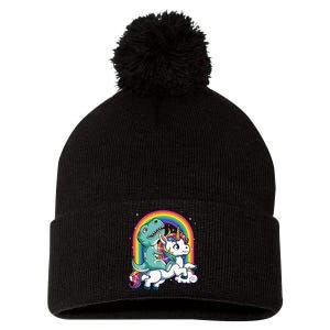 Dinosaur Riding Unicorn Rainbow Gifts T Rex Pom Pom 12in Knit Beanie