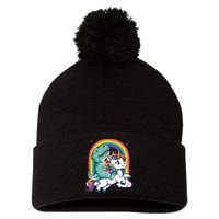 Dinosaur Riding Unicorn Rainbow Gifts T Rex Pom Pom 12in Knit Beanie