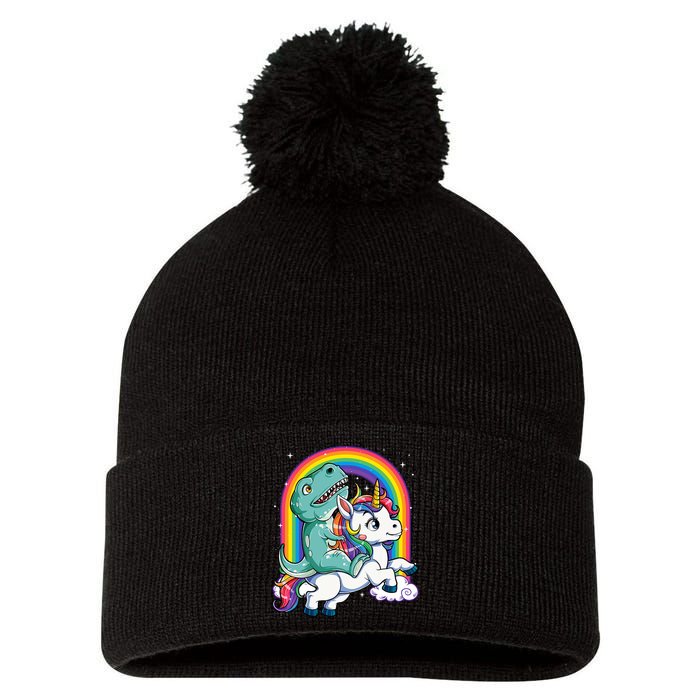 Dinosaur Riding Unicorn Rainbow Gifts T Rex Pom Pom 12in Knit Beanie