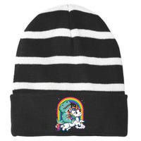 Dinosaur Riding Unicorn Rainbow Gifts T Rex Striped Beanie with Solid Band