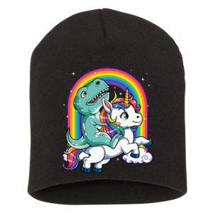 Dinosaur Riding Unicorn Rainbow Gifts T Rex Short Acrylic Beanie