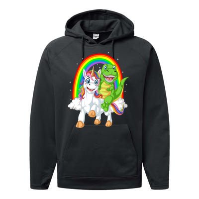 Dinosaur Riding Unicorn Performance Fleece Hoodie