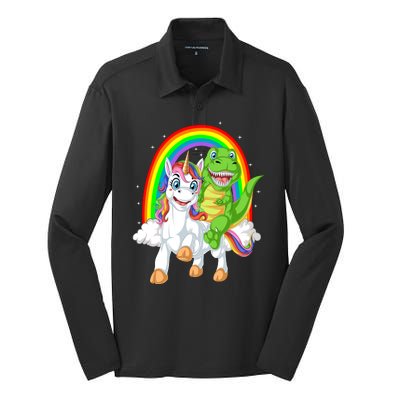 Dinosaur Riding Unicorn Silk Touch Performance Long Sleeve Polo