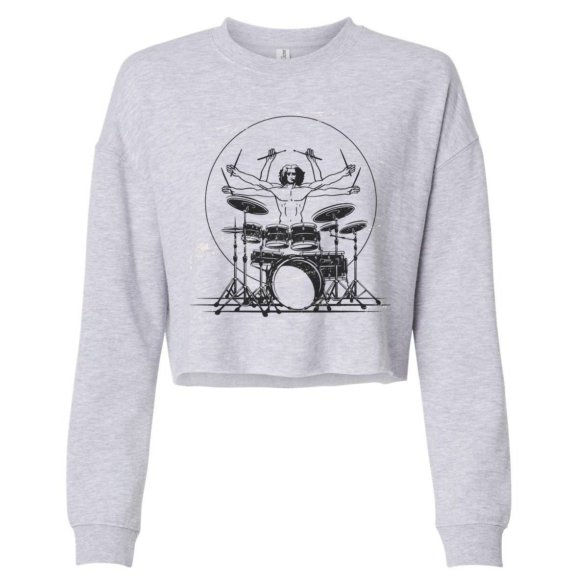 Drummer Playing Rock Band Illustration Cropped Pullover Crew