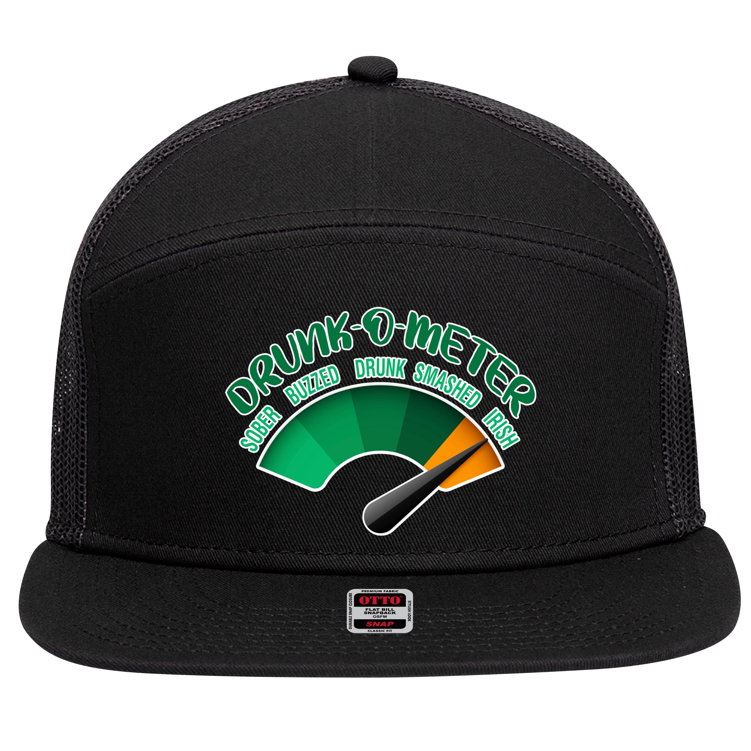 Drunk O Meter Sober Buzzed Smashed Irish 7 Panel Mesh Trucker Snapback Hat