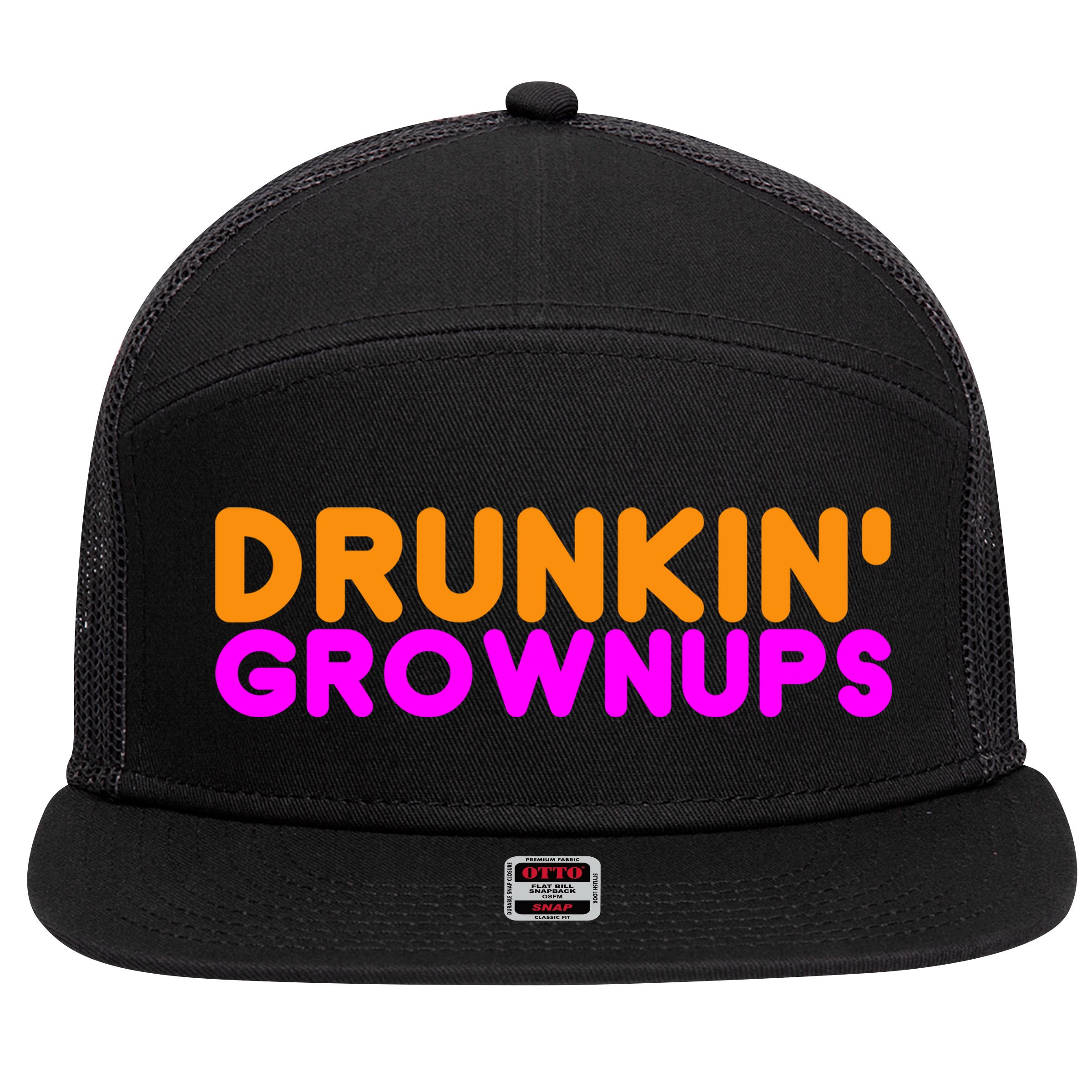 Drunkin Grownups Funny Drinking 7 Panel Mesh Trucker Snapback Hat