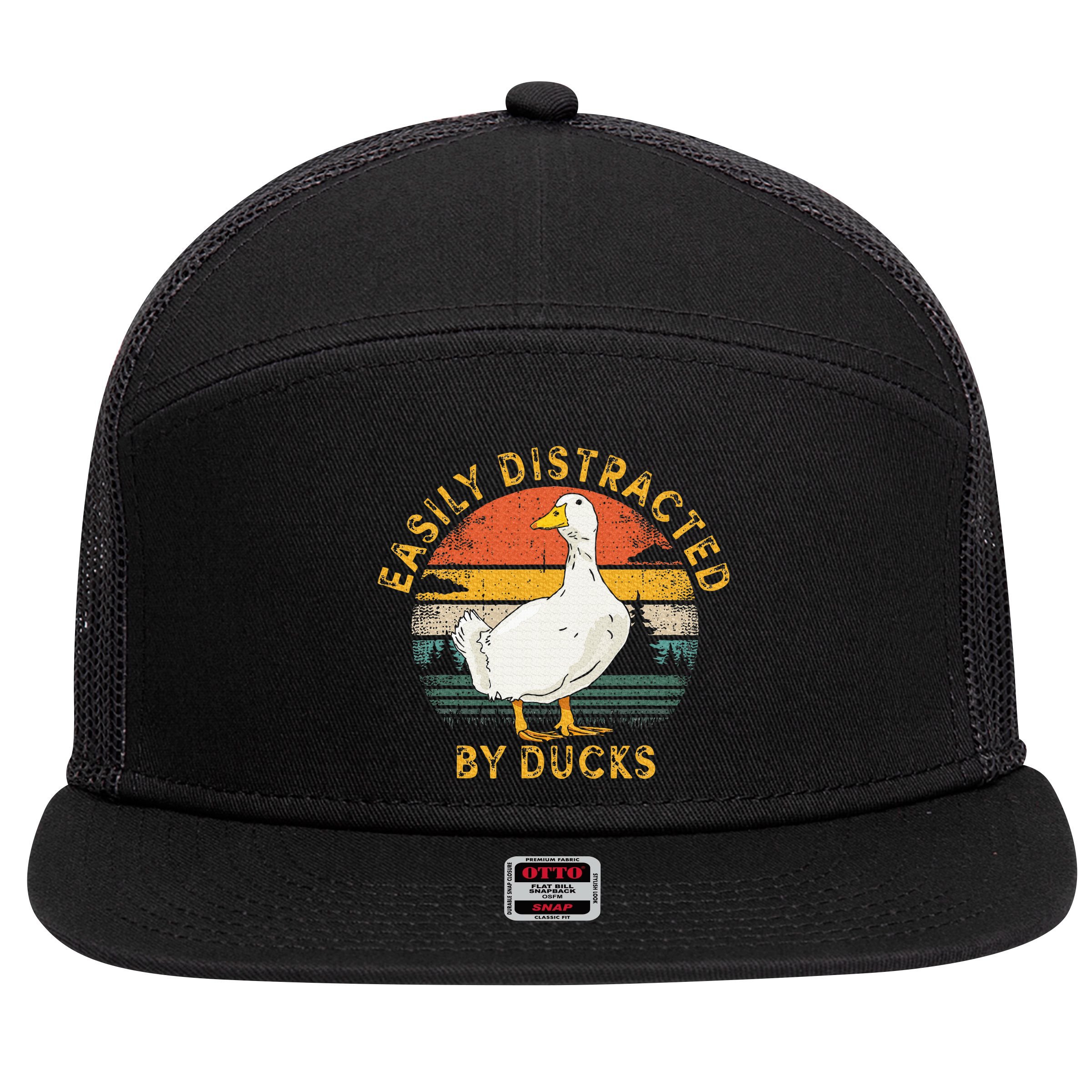 Duck Retro Vintage Easily Distracted By Ducks 7 Panel Mesh Trucker Snapback Hat