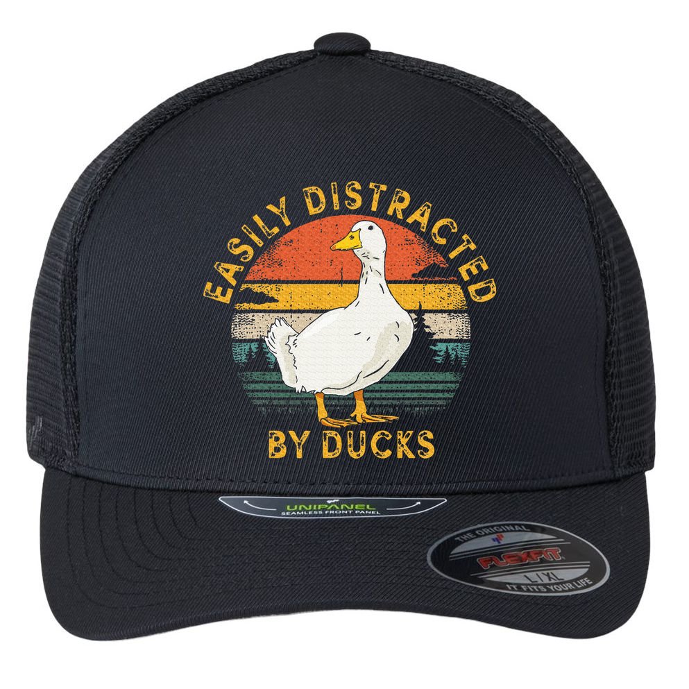 Duck Retro Vintage Easily Distracted By Ducks Flexfit Unipanel Trucker Cap