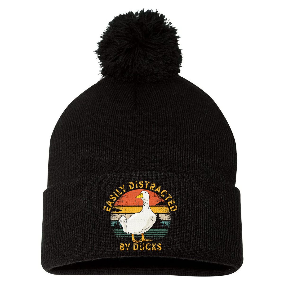 Duck Retro Vintage Easily Distracted By Ducks Pom Pom 12in Knit Beanie
