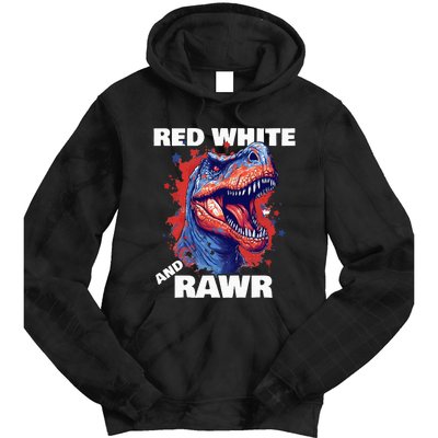 Dinosaur Red White Rawr American Flag 4th of July T Rex Tie Dye Hoodie